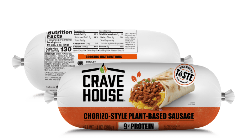 plant-based chorizo ground sausage, front and back packaging